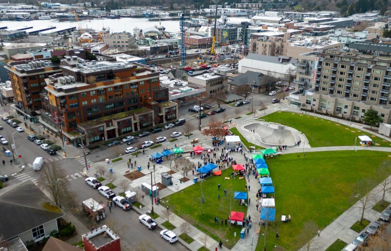 Ballard Commons Park during the reopening festivities in Seattle, Washington on March 11, 2023. The park was closed for more than a year for renovations following an encampment cleanup.