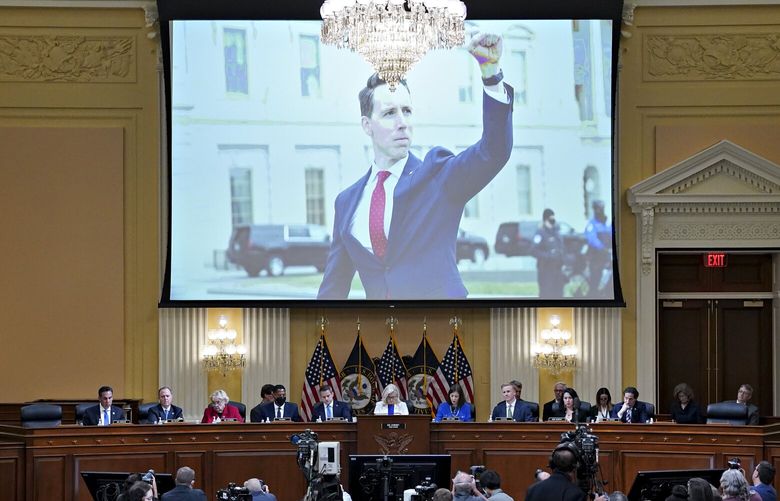 A photo of Sen. Josh Hawley, R-Mo., is displayed on a screen as the House select committee investigating the Jan. 6 attack on the U.S. Capitol holds a hearing at the Capitol in Washington, Thursday, July 21, 2022.(Al Drago/Pool via AP)