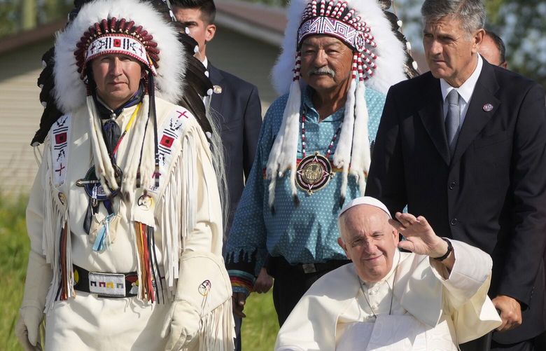 FILE – Pope Francis arrives for a pilgrimage at the Lac Saint Anne, Canada, on July 26, 2022, as he crisscrossed Canada delivering long overdue apologies to the country’s Indigenous groups for the decades of abuses and cultural destruction they suffered at Catholic Church-run residential schools. Pope Francis’ first 10 years as pope have been marked by several historic events, as well as several unplanned moments or comments that nevertheless helped define the contours and priorities of history’s first Latin American pope. (AP Photo/Gregorio Borgia, File) ajm109 ajm109