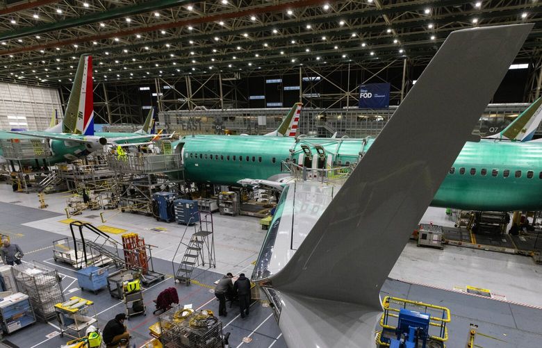 The iconic split wing of the 737 MAX is seen on a plane being assembled on the Central line, Thursday, March 9, 2023 in Renton.