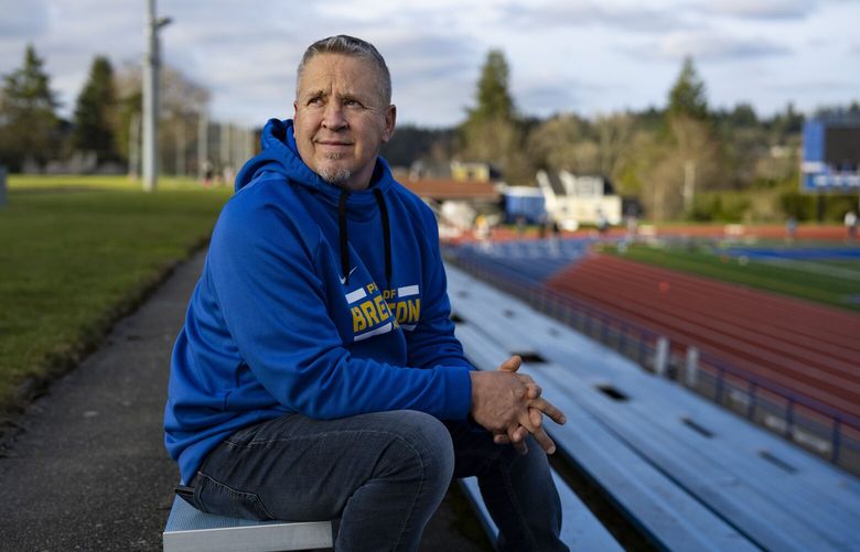 Joseph Kennedy, a football coach, at Bremerton High School in Bremerton, Wash., on Feb. 7, 2022. After the school board told him to stop mixing football and faith on the field, he left the job and sued, with lower courts rejecting his argument that the board had violated his First Amendment rights. (Ruth Fremson/the New York Times )