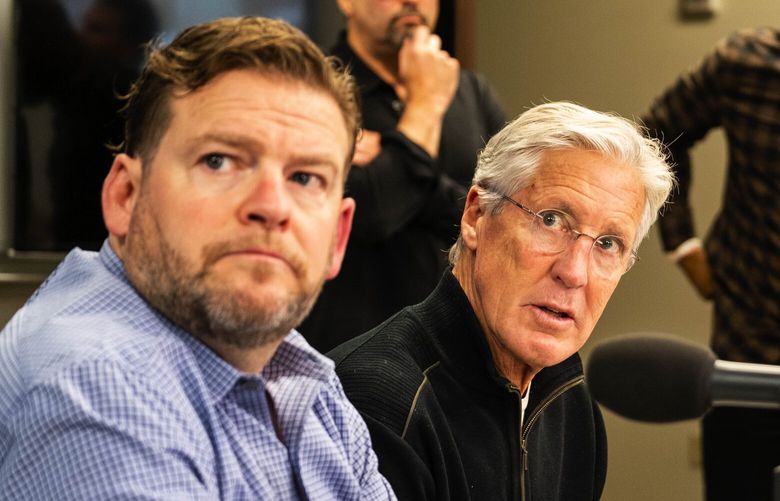 John Schneider and Pete Carroll talk about  Charles Cross, an offensive lineman out of Mississippi State, who was taken by the Seahawks in the first round of the NFL Draft  Thursday, April 28, 2022. 220256