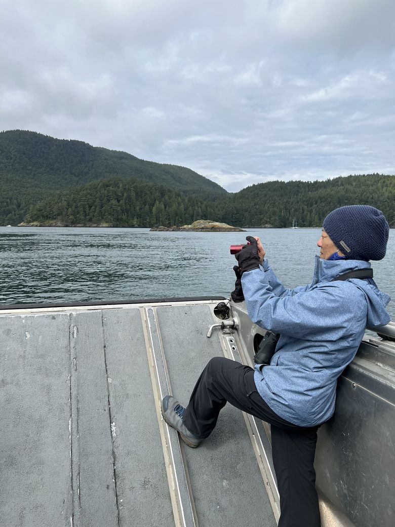 A passenger photographing pigeon guillemots off Cypress Island. (Bryony Angell)