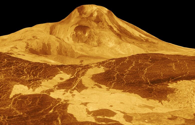 A new study found evidence of volcanic activity as recently as the early 1990s on the north side of Venus’s Maat Mons, seen in this image from the JPL Multi-mission Image Processing Laboratory.
