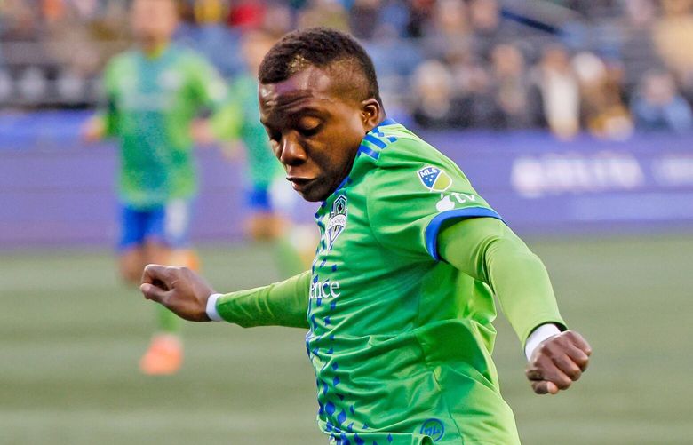 Seattle Sounders FC defender Nouhou takes a shot on goal during the first half. 223142