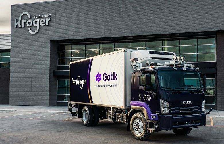 California-based autonomous trucking company Gatik will make multiple deliveries a day, seven days a week for Kroger from its fulfillment center in Dallas to its stores. The 20-foot refrigerated box trucks can make more frequent deliveries than large semi-trailers. (Pepper Yandell/Gatik/TNS)