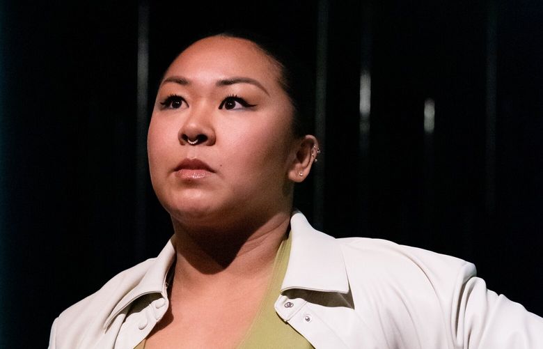 Sara Porkalob as Hotspur and Archbishop of York in Seattle Shakespeare’s production of “Henry IV.”