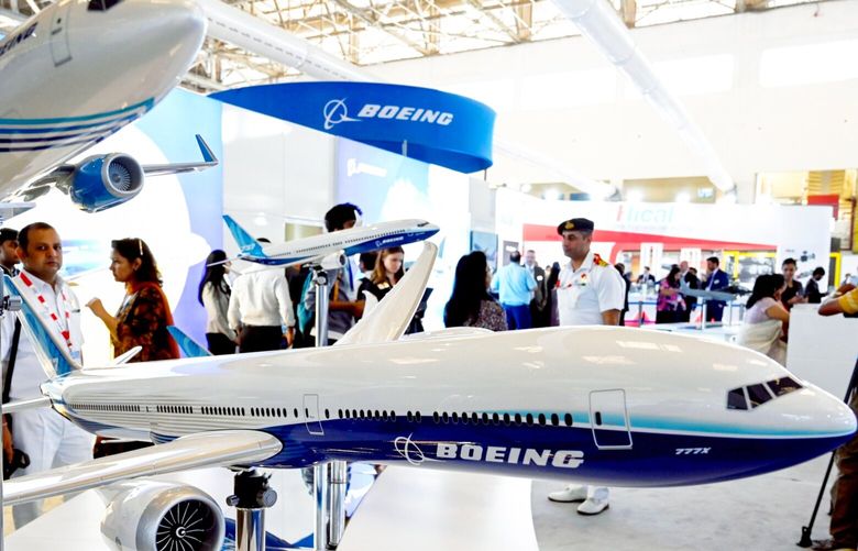 A model of Boeing Co. 777 at the company’s booth during the Aero India 2023 at Air Force Station Yelahanka in Bengaluru, India, on Tuesday, February 14, 2023. Indian Prime Minister Narendra Modi repeated at the opening of the five-day Aero India show his government’s promise of boosting defense exports by more than 200% over the next three years as the South Asian nation looks to step up domestic manufacturing of military hardware. 775940394