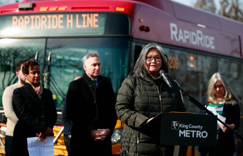 Mayor of Burien Sofia Aragon speaks at a ribbon cutting to commemorate the service of the  RapidRide H Line buses at Steve Cox Memorial Park in White Center, Wash. Friday, March 17, 2023. 
 223330