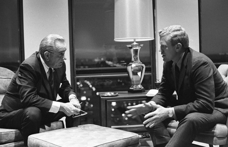 An undated photo provided by the Lyndon B. Johnson Presidential Library shows Ben Barnes, right, with President Lyndon Johnson. Nearly 43 years later, a prominent Texas politician said he was an unwitting part of a mission to sabotage President Carter’s campaign.  (Lyndon B. Johnson Presidential Library via The New York Times) — NO SALES; FOR EDITORIAL USE ONLY —
 XNYT146 XNYT146