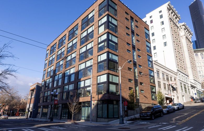 The Salmonberry Lofts, a new Health through Housing building in Pioneer Square that King County purchased to create homeless housing, on Wednesday, December 14, 2022 in Seattle.