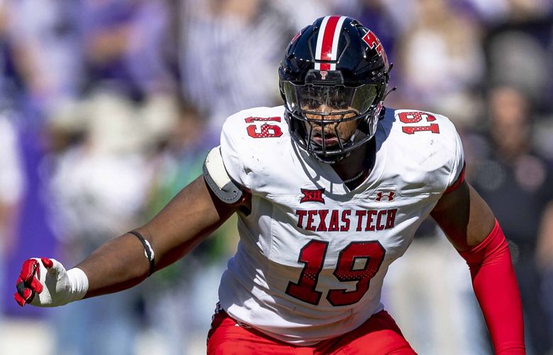 Texas Tech linebacker Tyree Wilson (19) is seen during an NCAA football game against TCU on Saturday, Nov. 5, 2022, in Fort Worth, Texas. TCU won 34-24. (AP Photo/Brandon Wade)