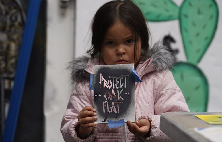 Apache Stronghold member Raetana Manny, 4, shows a sign to save Oak Flat, a site east of Phoenix that the group considers sacred, as she joined a gathering at Self Help Graphics & Art in the Los Angeles neighborhood of Boyle Heights on Monday, March 20, 2023. The Apache group battling a foreign mining firm that wants to build one of the largest copper mines in the United States on what tribal members say is sacred land will get a new chance to make its point Tuesday when a full federal appeals court panel takes another look at the case. (AP Photo/Damian Dovarganes) CADD107 CADD107