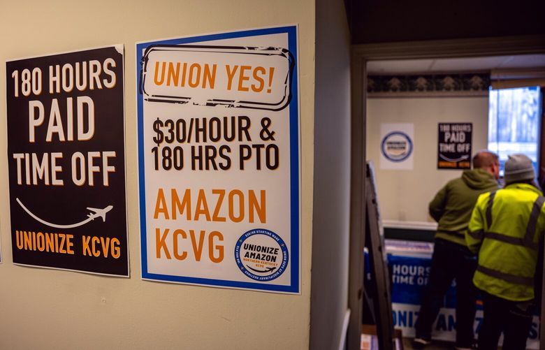 Pro-union signs at an office used by the Amazon Labor Union in Florence, Ky., on Saturday, March 18, 2023. Union leaders are trying to re-establish momentum after organizing setbacks. (Jon Cherry/The New York Times) XNYT5 XNYT5