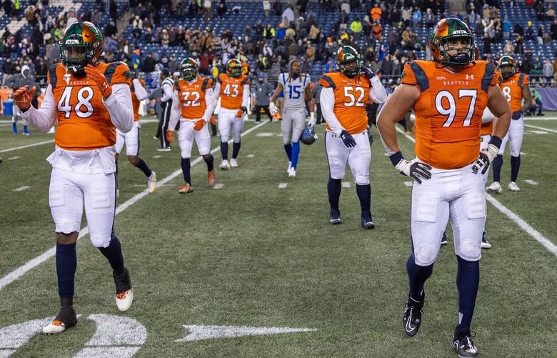 Sea Dragons leave the field dejected after losing to the Battlehawks Thursday evening at Lumen Field in Seattle, Washington on February 23, 2023. The Sea Dragons lost 20-18.