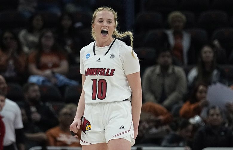 Louisville guard Hailey Van Lith (10) celebrates during the second half of a first-round college basketball game against Drake in the NCAA Tournament in Austin, Texas, Saturday, March 18, 2023. (AP Photo/Eric Gay) TXEG1 TXEG1