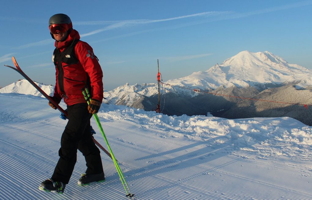 Premium Vector  Skier man sliding down the mountain