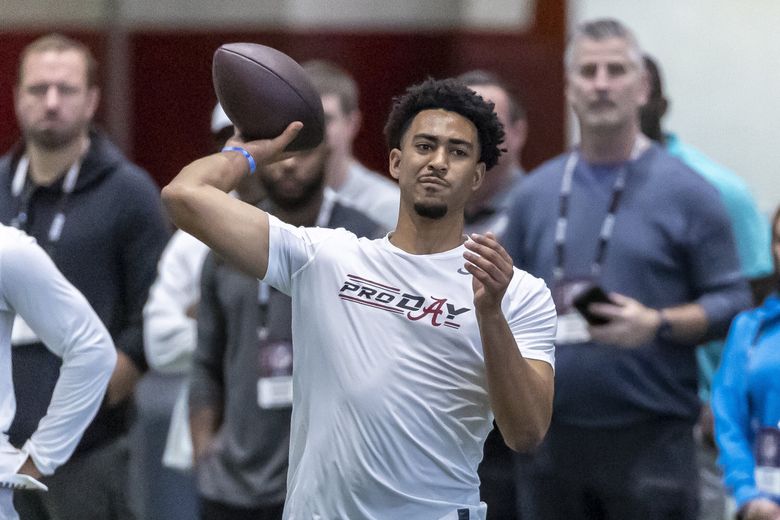 Former Alabama football quarterback Bryce Young works in position drills at Alabama’s NFL pro day, Thursday, March 23, 2023, in Tuscaloosa, Ala. (Vasha Hunt / The Associated Press) 
