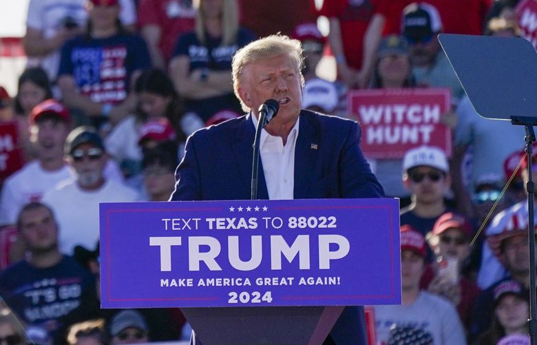 Former President Donald Trump speaks at a campaign rally at Waco Regional Airport Saturday, March 25, 2023, in Waco, Texas. (AP Photo/Nathan Howard) TXNH337 TXNH337