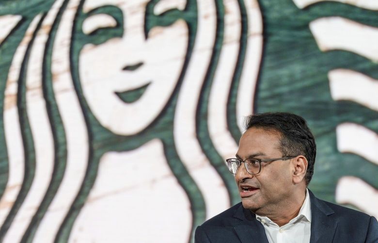 Incoming CEO Laxman Narasimhan speaks during the 2022 Starbucks Investor in Seattle. The Seattle coffee giant said, March 20, 2023, that Laxman Narasimhan has assumed the role of CEO and joined the company’s board of directors. NYPS206