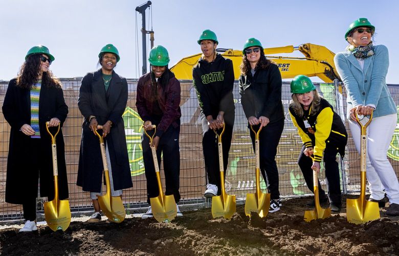 From left: retired Seattle Storm legend Sue Bird is joined by Storm head coach Noelle Quinn; players Jewell Loyd and Mercedes Russell; general manager Talisa Rhea and co-owners Dawn Trudeau and Ginny Gilder; picking up shovels to break ground for the Seattle Storm Center for Basketball Performance, Monday, March 27, 2023, a state-of-the-art and first-of-its-kind facility in Seattle’s Interbay neighborhood which will serve as the dedicated practice facility for the Storm.