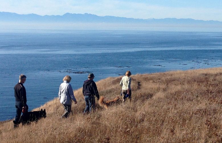 Hikers on the bluff at Iceberg Point, looking out from the southern tip of Lopez Island to the Strait of Juan de Fuca and the Olympic Range.