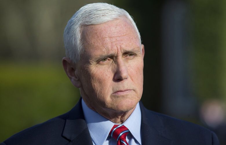 Former Vice President Mike Pence speaks to reporters before the MockCon event at University Chapel at Washington and Lee University Tuesday, March 21, 2023, in Lexington, Va. (Scott P. Yates/The Roanoke Times via AP) VAROA601 VAROA601