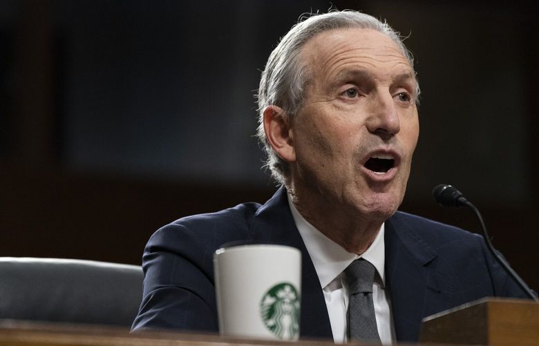 Former Starbucks CEO Howard Schultz testifies before the Senate Health, Education, Labor and Pensions committee, Wednesday, March 29, 2023, on Capitol Hill in Washington. (AP Photo/Jacquelyn Martin) DCJM123 DCJM123