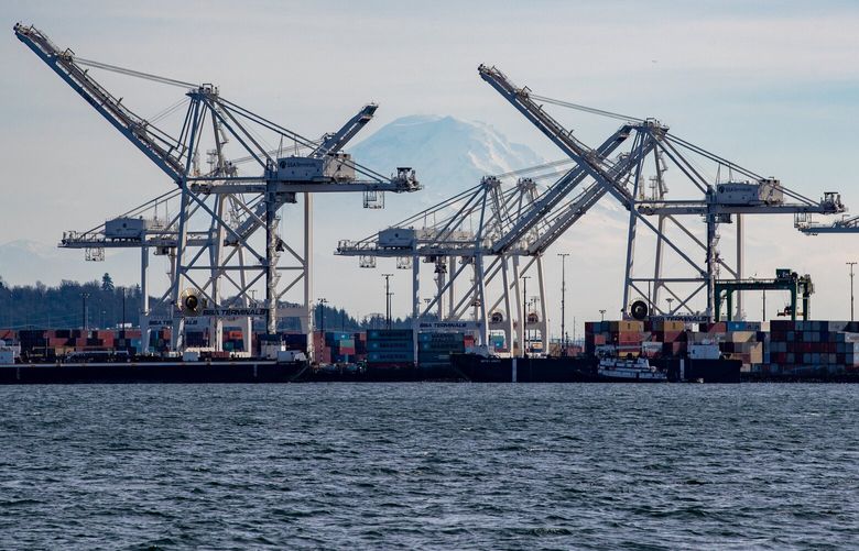 On the Bainbridge to Seattle Washington State Ferry – Port of Seattle and downtown – 021122

Giant cranes on Harbor Island wait to unload cargo ships as Mount Rainier basks in the winter sun Friday, Feb. 11, 2022 in Seattle, Wash. 219599