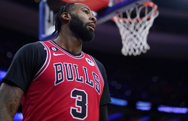Chicago Bulls’ Andre Drummond plays during an NBA basketball game, Monday, March 20, 2023, in Philadelphia. (AP Photo/Matt Slocum) OTKMS135