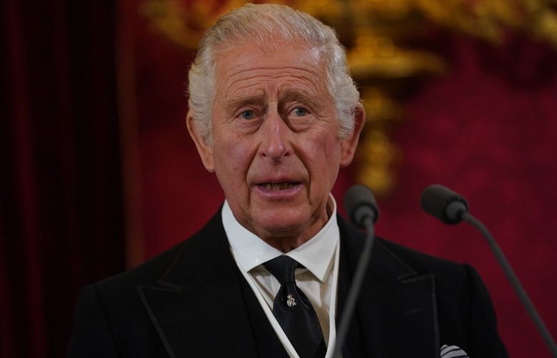King Charles III during the Accession Council at St James’s Palace, London, Saturday, Sept. 10, 2022, where he is formally proclaimed monarch. (Victoria Jones/Pool Photo via AP) 