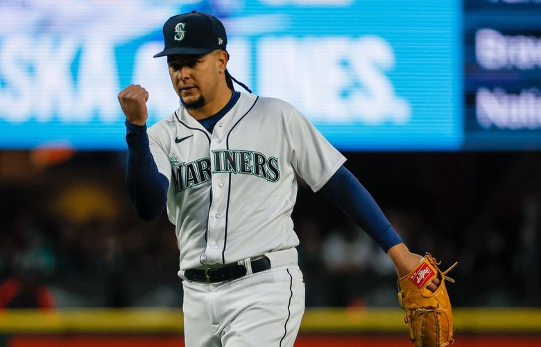 Mariners’ pitcher Luis Castillo celebrates against the Guardians Thursday evening at T-Mobile Park in Seattle, Washington on March 30, 2023.