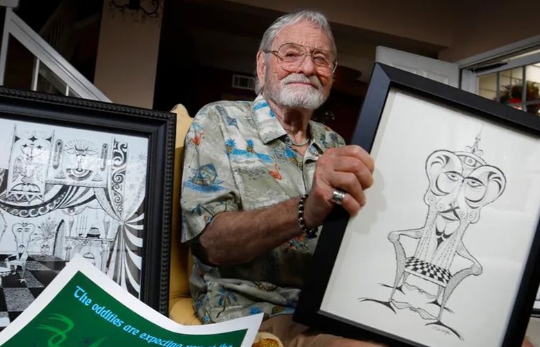 Rolly Crump, seen here in 2019, in his Carlsbad home surrounded by some of his designs for the Haunted Mansion. (Howard Lipin / San Diego Union-Tribune / TNS)
