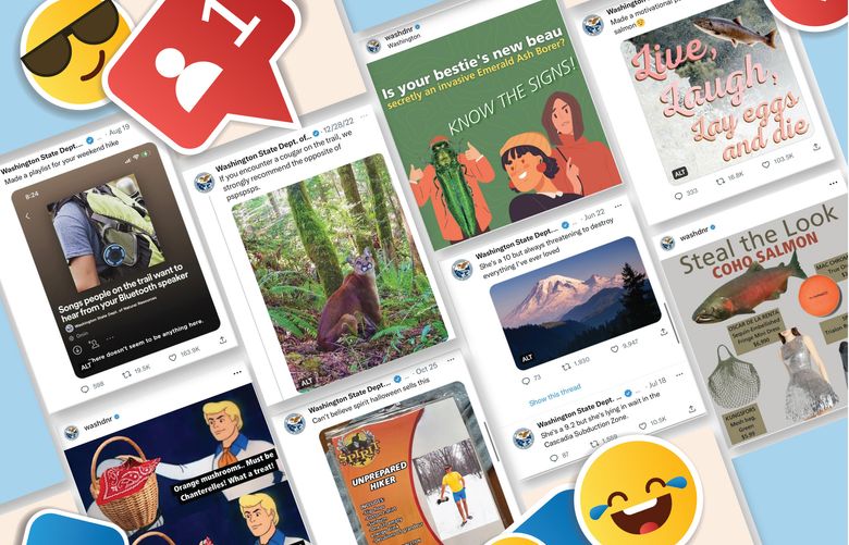 This collage of images from the Washington State Department of Natural Resources social media feeds. The DNR social media team uses humor to educate people about safety, hiking hydration, salmon facts, Bluetooth speaker etiquette on trails and more related to Washington public lands.