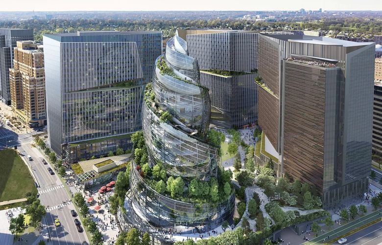 Amazon has paused plans to build a 22-story helical building in Arlington, Va., as the centerpiece of its second headquarters. The building was designed by Seattle-based architectural firm NBBJ. (NBBJ / Amazon via AP)