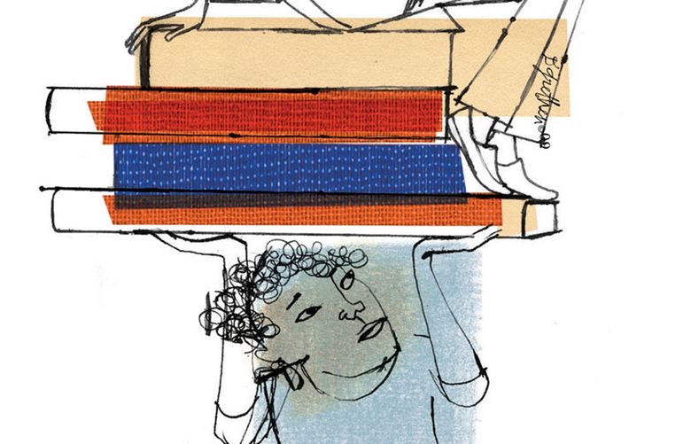 This artwork by Donna Grethen relates to the achievement gap in public school education; how one group can’t get out from under the weight of it and another group feels it’s so easy to achieve.