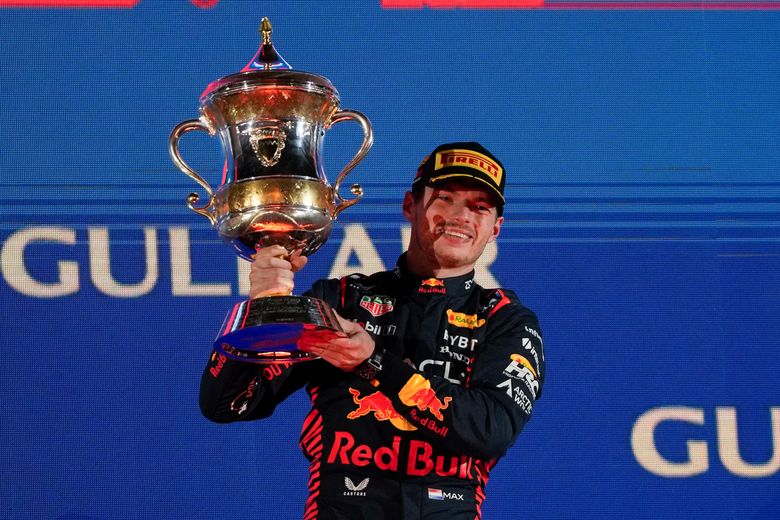 The race winners trophies of Max Verstappen of Netherlands and Red