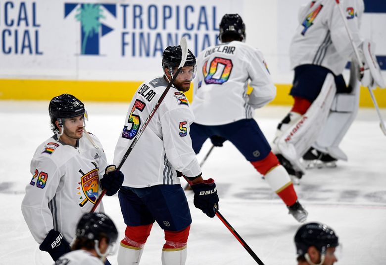 Canucks wear pride-themed jerseys during pregame skate