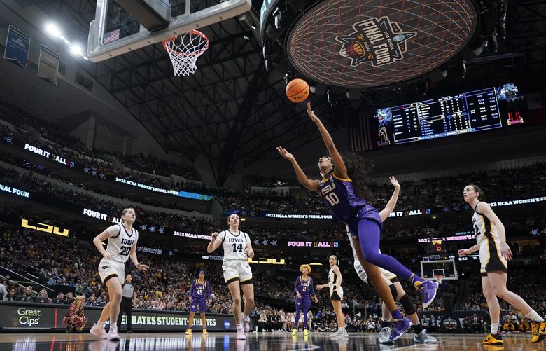 LSU’s Angel Reese shoots during the second half of the NCAA Women’s Final Four championship basketball game against Iowa Sunday, April 2, 2023, in Dallas. (AP Photo/Darron Cummings) TXMG176 TXMG176