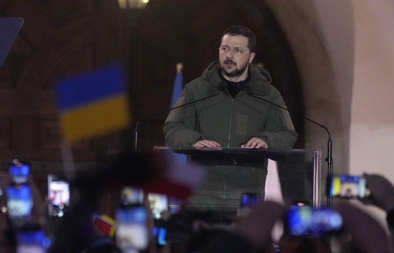 Ukrainian President Volodymyr Zelenskyy holds a speech during his visit to Warsaw, Poland, Wednesday, April 5, 2023. (AP Photo/Czarek Sokolowski) PJO158 PJO158