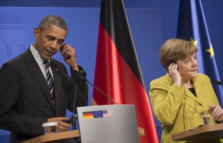 FILE — President Barack Obama and Chancellor Angela Merkel during a news conference after their meeting at Schloss Herrenhausen in Hannover, Germany, April 24, 2016. Compared with revelations in 2013 of mass surveillance by the National Security Agency, intelligence reports in a trove of recently leaked documents have resulted in limited outrage abroad. (Stephen Crowley/The New York Times) XNYT105 XNYT105