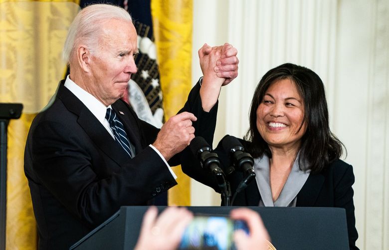 President Biden and Julie Su during a March 1 White House event for the nomination of Su to serve as secretary of labor. MUST CREDIT: Washington Post photo by Demetrius Freeman