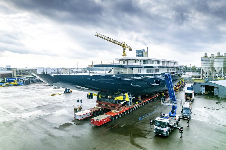 A view of a yacht now known as Koru being built for Amazon founder Jeff Bezos, on the wharf in Zwijndrecht, near Rotterdam, Netherlands. (Guy Fleury / The Associated Press)