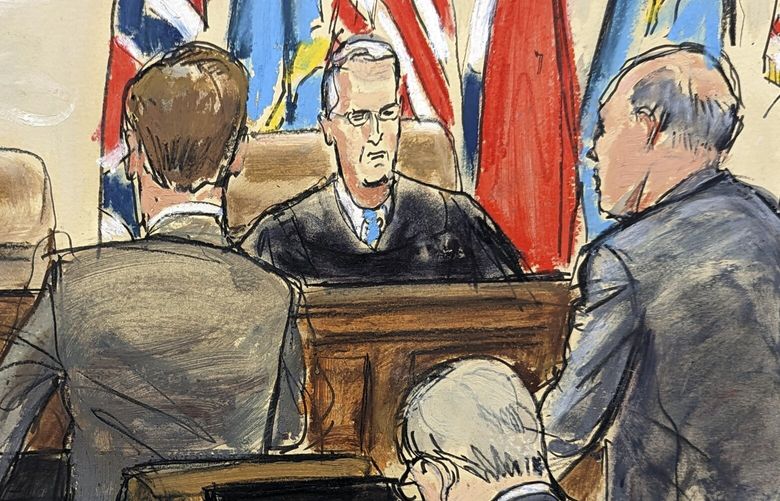 This artist sketch depicts Dominion Voting Systems attorney Justin Nelson, standing left, and Fox News attorney Daniel Webb, standing at right, speaking to Judge Eric Davis before finishing jury selection in Delaware Superior Court Tuesday, April 18, 2023, in Wilmington, Del. (Elizabeth Williams via AP) DEEW103 DEEW103