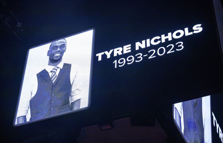 FILE – The screen at the Smoothie King Center in New Orleans honors Tyre Nichols before an NBA basketball game between the New Orleans Pelicans and the Washington Wizards, Jan. 28, 2023. The family of Tyre Nichols has sued the city of Memphis, Wednesday, April 19,  and individual officers and emergency medical personnel involved in his case.  (AP Photo/Matthew Hinton, File) NY125 NY125