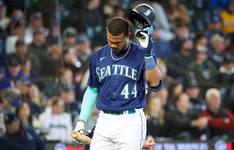 Seattle Mariners center fielder Julio Rodriguez reacts after striking out in the bottom of the eighth inning Wednesday afternoon at T-Mobile Park in Seattle, Washington on April 18, 2023. The Brewers won 5-3.