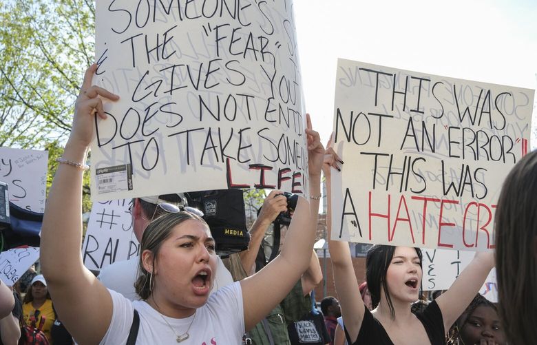 Protesters gather outside the Charles E. Whittaker U.S. Courthouse in Kansas City, Mo., on Monday, April 18, 2023. On Tuesday morning, hundreds of Staley High School students filled the street outside their school in a display of anger and support for their fellow student, Ralph Yarl, who was shot by a homeowner after he rang a doorbell at the wrong house in Kansas City last week. (Arin Yoon/The New York Times) XNYT65 XNYT65