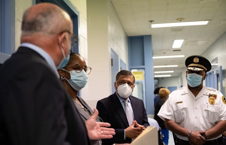 Dr. Rahul Gupta, center, director of the White House’s Office of National Drug Control Policy, during a visit of the Curran-Fromhold Correctional Facility in Philadelphia, April 20, 2023. The Biden administration this week accelerated efforts to fund opioid addiction treatment in jails and prisons, a core part of its drug policy agenda, calling on states to adopt a novel Medicaid program that will cover health care for incarcerated people. (Hannah Beier/The New York Times) XNYT119 XNYT119