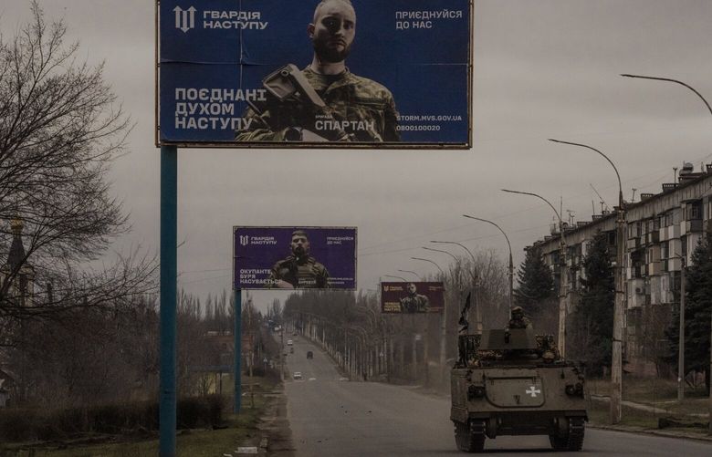 Ukrainian billboards encouraging people to enlist in the army, in Kostyantynivka, Ukraine on March 18, 2023. Russia has waged a relentless disinformation campaign in the Donbas for more than a decade, with considerable success; in some parts of the Donbas, Ukrainian officials concede the Kremlin has the upper hand in the propaganda war. (Daniel Berehulak/The New York Times) XNYT135 XNYT135