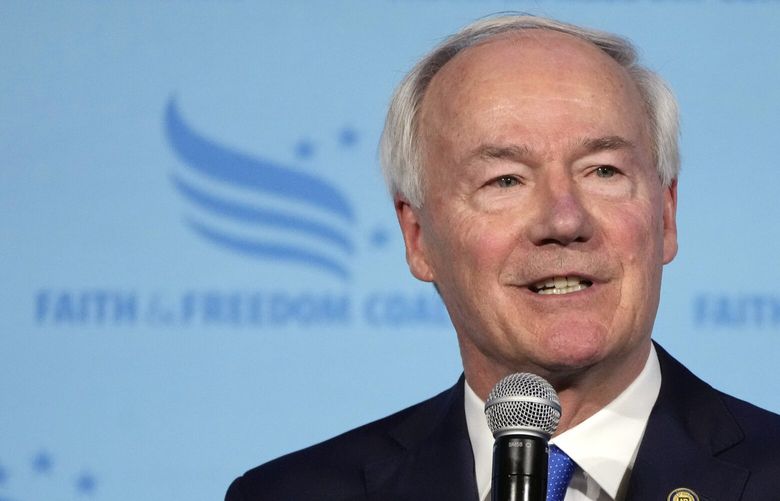 Republican presidential candidate and former Arkansas Gov. Asa Hutchinson speaks during the Iowa Faith and Freedom Coalition Spring Kick-Off, Saturday, April 22, 2023, in Clive, Iowa. (AP Photo/Charlie Neibergall) IACN130 IACN130